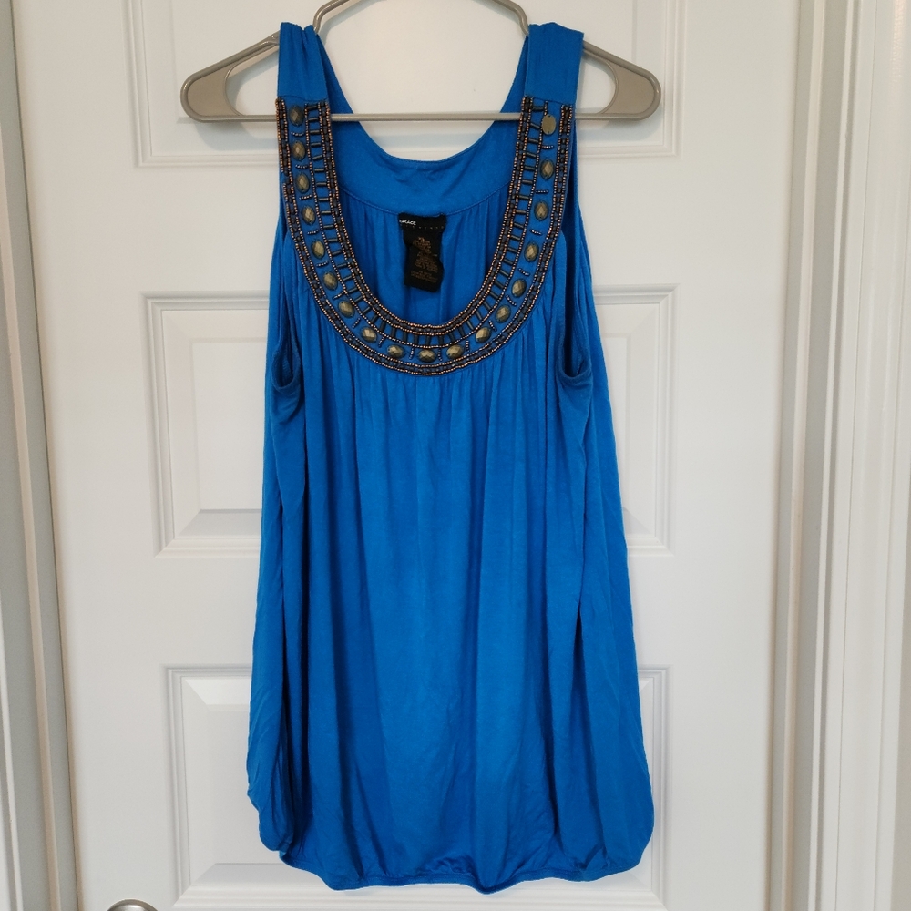 Blue Sleeveless Top with Beaded Neckline
